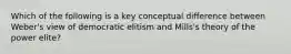 Which of the following is a key conceptual difference between Weber's view of democratic elitism and Mills's theory of the power elite?