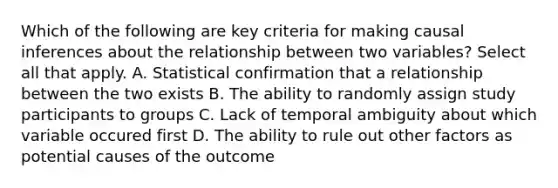 Which of the following are key criteria for making causal inferences about the relationship between two variables? Select all that apply. A. Statistical confirmation that a relationship between the two exists B. The ability to randomly assign study participants to groups C. Lack of temporal ambiguity about which variable occured first D. The ability to rule out other factors as potential causes of the outcome