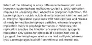 Which of the following is a key difference between lytic and lysogenic bacteriophage replication cycles? a. Lytic replication requires an uncoating step, whereas in lysogenic replication, the bacteriophage's nucleic acid is directly injected into the host cell. b. The lytic replication cycle ends with host cell lysis and release of newly formed bacteriophage particles, whereas lysogenic replication leads to prophage formation. c. Whereas lytic replication enables the infection of several hosts, lysogenic replication only allows for infection of a single host cell. d. Lysogenic bacteriophages release via host cell lysis, whereas lytic bacteriophages bud off from the host cell membrane.