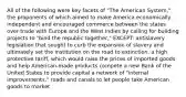 All of the following were key facets of "The American System," the proponents of which aimed to make America economically independent and encouraged commerce between the states over trade with Europe and the West Indies by calling for building projects to "bind the republic together," EXCEPT: antislavery legislation that sought to curb the expansion of slavery and ultimately set the institution on the road to extinction. a high protective tariff, which would raise the prices of imported goods and help American-made products compete a new Bank of the United States to provide capital a network of "internal improvements," roads and canals to let people take American goods to market