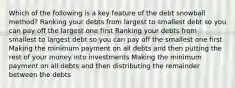 Which of the following is a key feature of the debt snowball method? Ranking your debts from largest to smallest debt so you can pay off the largest one first Ranking your debts from smallest to largest debt so you can pay off the smallest one first Making the minimum payment on all debts and then putting the rest of your money into investments Making the minimum payment on all debts and then distributing the remainder between the debts