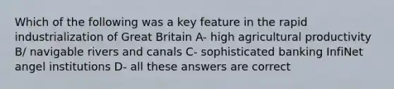 Which of the following was a key feature in the rapid industrialization of Great Britain A- high agricultural productivity B/ navigable rivers and canals C- sophisticated banking InfiNet angel institutions D- all these answers are correct