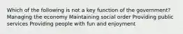 Which of the following is not a key function of the government? Managing the economy Maintaining social order Providing public services Providing people with fun and enjoyment