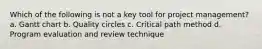 Which of the following is not a key tool for project management? a. Gantt chart b. Quality circles c. Critical path method d. Program evaluation and review technique