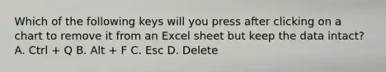 Which of the following keys will you press after clicking on a chart to remove it from an Excel sheet but keep the data intact? A. Ctrl + Q B. Alt + F C. Esc D. Delete