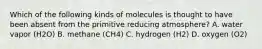 Which of the following kinds of molecules is thought to have been absent from the primitive reducing atmosphere? A. water vapor (H2O) B. methane (CH4) C. hydrogen (H2) D. oxygen (O2)