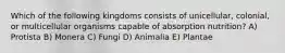 Which of the following kingdoms consists of unicellular, colonial, or multicellular organisms capable of absorption nutrition? A) Protista B) Monera C) Fungi D) Animalia E) Plantae