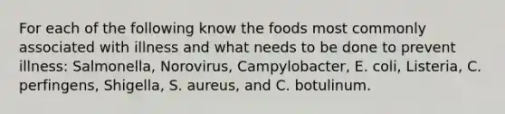 For each of the following know the foods most commonly associated with illness and what needs to be done to prevent illness: Salmonella, Norovirus, Campylobacter, E. coli, Listeria, C. perfingens, Shigella, S. aureus, and C. botulinum.