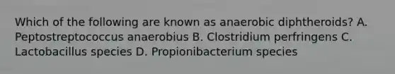 Which of the following are known as anaerobic diphtheroids? A. Peptostreptococcus anaerobius B. Clostridium perfringens C. Lactobacillus species D. Propionibacterium species