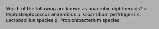 Which of the following are known as anaerobic diphtheroids? a. Peptostreptococcus anaerobius b. Clostridium perfringens c. Lactobacillus species d. Propionibacterium species