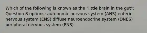 Which of the following is known as the "little brain in the gut": Question 8 options: autonomic nervous system (ANS) enteric nervous system (ENS) diffuse neuroendocrine system (DNES) peripheral nervous system (PNS)