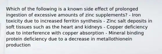 Which of the following is a known side effect of prolonged ingestion of excessive amounts of zinc supplements? - Iron toxicity due to increased ferritin synthesis - Zinc salt deposits in soft tissues such as the heart and kidneys - Copper deficiency due to interference with copper absorption - Mineral binding protein deficiency due to a decrease in metallothionein production