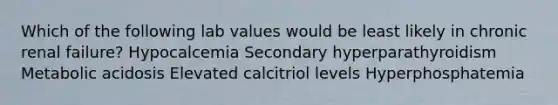 Which of the following lab values would be least likely in chronic renal failure? Hypocalcemia Secondary hyperparathyroidism Metabolic acidosis Elevated calcitriol levels Hyperphosphatemia