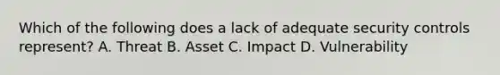 Which of the following does a lack of adequate security controls represent? A. Threat B. Asset C. Impact D. Vulnerability