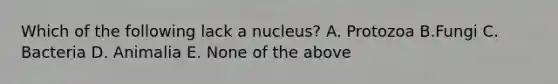 Which of the following lack a nucleus? A. Protozoa B.Fungi C. Bacteria D. Animalia E. None of the above