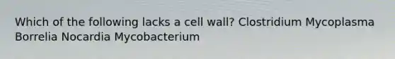 Which of the following lacks a cell wall? Clostridium Mycoplasma Borrelia Nocardia Mycobacterium