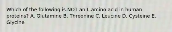 Which of the following is NOT an L-amino acid in human proteins? A. Glutamine B. Threonine C. Leucine D. Cysteine E. Glycine