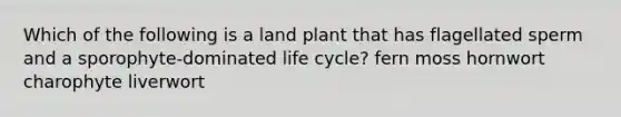 Which of the following is a land plant that has flagellated sperm and a sporophyte-dominated life cycle? fern moss hornwort charophyte liverwort