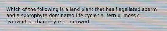 Which of the following is a land plant that has flagellated sperm and a sporophyte-dominated life cycle? a. fern b. moss c. liverwort d. charophyte e. hornwort