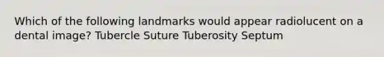 Which of the following landmarks would appear radiolucent on a dental image? Tubercle Suture Tuberosity Septum