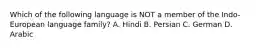 Which of the following language is NOT a member of the Indo-European language family? A. Hindi B. Persian C. German D. Arabic