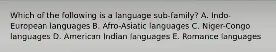 Which of the following is a language sub-family? A. Indo-European languages B. Afro-Asiatic languages C. Niger-Congo languages D. American Indian languages E. Romance languages