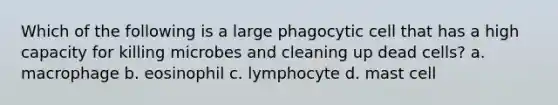 Which of the following is a large phagocytic cell that has a high capacity for killing microbes and cleaning up dead cells? a. macrophage b. eosinophil c. lymphocyte d. mast cell