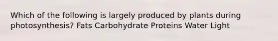 Which of the following is largely produced by plants during photosynthesis? Fats Carbohydrate Proteins Water Light