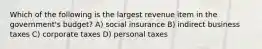 Which of the following is the largest revenue item in the government's budget? A) social insurance B) indirect business taxes C) corporate taxes D) personal taxes