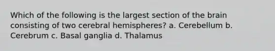 Which of the following is the largest section of the brain consisting of two cerebral hemispheres? a. Cerebellum b. Cerebrum c. Basal ganglia d. Thalamus