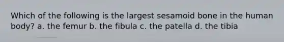 Which of the following is the largest sesamoid bone in the human body? a. the femur b. the fibula c. the patella d. the tibia