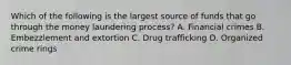 Which of the following is the largest source of funds that go through the money laundering process? A. Financial crimes B. Embezzlement and extortion C. Drug trafficking D. Organized crime rings