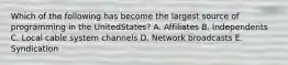 Which of the following has become the largest source of programming in the UnitedStates? A. Affiliates B. Independents C. Local cable system channels D. Network broadcasts E. Syndication