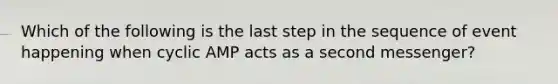 Which of the following is the last step in the sequence of event happening when cyclic AMP acts as a second messenger?