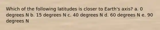 Which of the following latitudes is closer to Earth's axis? a. 0 degrees N b. 15 degrees N c. 40 degrees N d. 60 degrees N e. 90 degrees N