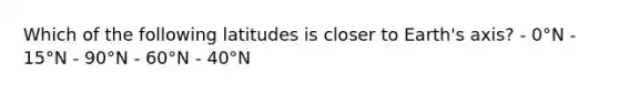 ​Which of the following latitudes is closer to Earth's axis? - ​0°N - ​15°N - ​90°N - ​60°N - ​40°N