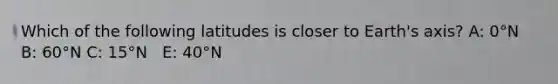 Which of the following latitudes is closer to Earth's axis? A: ​0°N B: ​60°N C: ​15°N ​ ​ E: 40°N