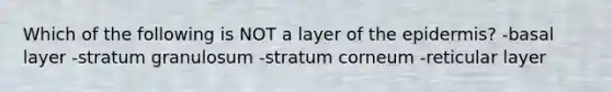 Which of the following is NOT a layer of the epidermis? -basal layer -stratum granulosum -stratum corneum -reticular layer