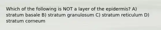 Which of the following is NOT a layer of the epidermis? A) stratum basale B) stratum granulosum C) stratum reticulum D) stratum corneum