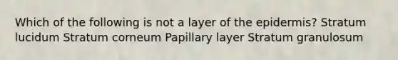 Which of the following is not a layer of the epidermis? Stratum lucidum Stratum corneum Papillary layer Stratum granulosum