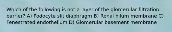 Which of the following is not a layer of the glomerular filtration barrier? A) Podocyte slit diaphragm B) Renal hilum membrane C) Fenestrated endothelium D) Glomerular basement membrane