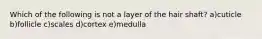 Which of the following is not a layer of the hair shaft? a)cuticle b)follicle c)scales d)cortex e)medulla