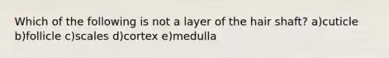 Which of the following is not a layer of the hair shaft? a)cuticle b)follicle c)scales d)cortex e)medulla