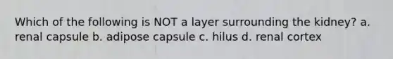 Which of the following is NOT a layer surrounding the kidney? a. renal capsule b. adipose capsule c. hilus d. renal cortex