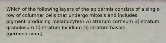 Which of the following layers of the epidermis consists of a single row of columnar cells that undergo mitosis and includes pigment-producing melanocytes? A) stratum corneum B) stratum granulosum C) stratum lucidium D) stratum basale (germinativum)