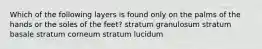 Which of the following layers is found only on the palms of the hands or the soles of the feet? stratum granulosum stratum basale stratum corneum stratum lucidum