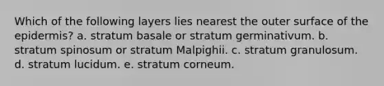 Which of the following layers lies nearest the outer surface of the epidermis? a. stratum basale or stratum germinativum. b. stratum spinosum or stratum Malpighii. c. stratum granulosum. d. stratum lucidum. e. stratum corneum.