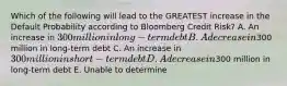 Which of the following will lead to the GREATEST increase in the Default Probability according to Bloomberg Credit Risk? A. An increase in 300 million in long-term debt B. A decrease in300 million in long-term debt C. An increase in 300 million in short-term debt D. A decrease in300 million in long-term debt E. Unable to determine