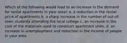 Which of the following would lead to an increase in the demand for rental apartments in your area? a. a reduction in the rental price of apartments b. a sharp increase in the number of out-of-town students attending the local college c. an increase in the cost of the materials used to construct apartment units. d. an increase in unemployment and reduction in the income of people in your area