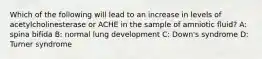 Which of the following will lead to an increase in levels of acetylcholinesterase or ACHE in the sample of amniotic fluid? A: spina bifida B: normal lung development C: Down's syndrome D: Turner syndrome